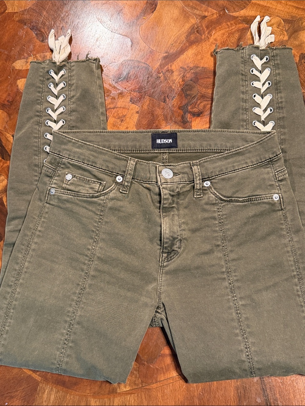 Hudson Jeans Olive Green Lace-Up Ankle Skinny Jeans
